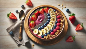 smoothie bowl with a thick acai base, topped with neatly arranged fruits and granola